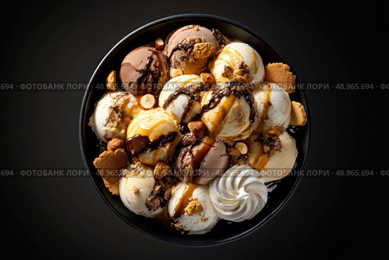 A bowl of ice cream with nuts and caramel sauce. Стоковое AI-изображение, AI-художник Ярославский Максим / Фотобанк Лори