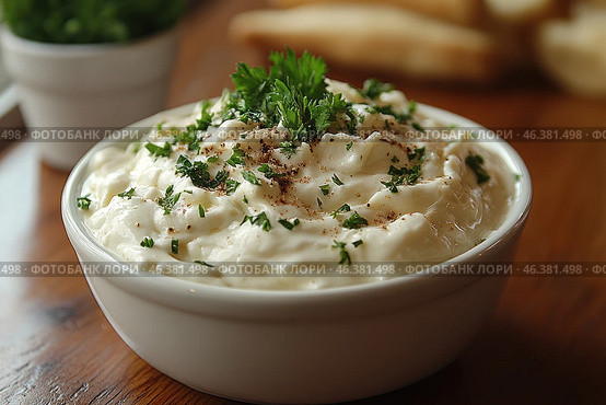 A bowl of thick, creamy sauce or dip garnished with fresh herbs such as parsley and dill and seasoned with ground black pepper. The sauce is airy and delicious, with a soft, lumpy texture. Blurred in the background are fresh herbs in a pot and breadsticks or tortillas that can be used for dipping. The light wooden table emphasizes the natural, cozy feel of the dish. Стоковое AI-изображение, AI-художник Анна Кривицкая / Фотобанк Лори