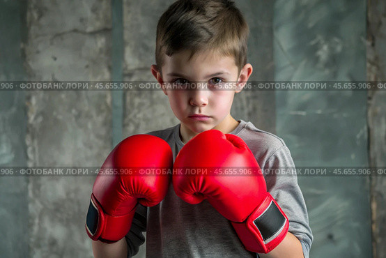 A boy in boxing gloves strikes, a cute teenage boy stands in a fighter's pose, ready to fight. Playing sports. Children's sports sections. Стоковое AI-изображение, AI-художник Photojuli / Фотобанк Лори