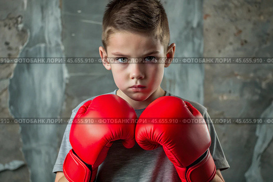 A boy in boxing gloves strikes, a cute teenage boy stands in a fighter's pose, ready to fight. Playing sports. Children's sports sections. Стоковое AI-изображение, AI-художник Photojuli / Фотобанк Лори