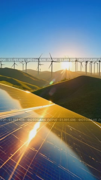 A Breathtaking View of Renewable Energy Sources: Glimmering Solar Panels Reflecting the Sunlight with Turbines Spinning in the Background on a Green Hill. Стоковое AI-видео, аниматор Владимир Федоров / Фотобанк Лори