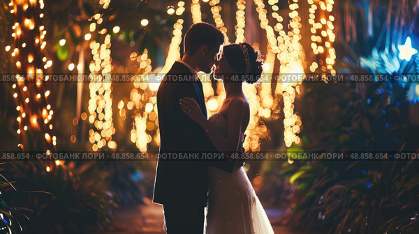 A bride and groom stand close together, embracing under a canopy of twinkling string lights in a garden setting at night. Стоковое AI-изображение, AI-художник Данила Большаков / Фотобанк Лори