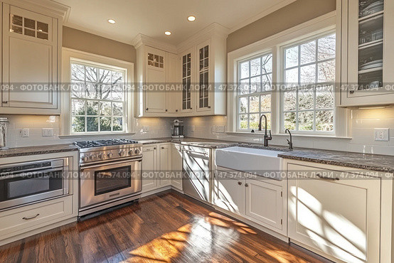 A bright and cozy kitchen in a classic style with modern elements. The spacious room is illuminated by natural light through large windows. The kitchen set is made in white, with granite countertops and a backsplash made of white glossy tiles. The center of attention is a large farmhouse-style sink, built-in stainless steel appliances (oven, microwave, dishwasher), wooden flooring adds warmth and coziness. The image of an ideal family kitchen. Стоковое AI-изображение, AI-художник Анна Кривицкая / Фотобанк Лори