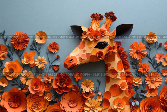 A bright and original composition in the style of paper art (papercraft). The main element is a giraffe, whose head is made of colored paper with various details and textures. The giraffe's body is covered with characteristic spots cut out of paper in warm orange and yellow tones. The ears and eyes are worked out with high detail, which gives the giraffe liveliness and expressiveness. Around the giraffe are voluminous paper flowers in various shades of orange, peach and terracotta, as well as bluish-gray leaves, which create a harmonious contrast with the main background. The background is made in a muted blue color, which emphasizes the warm shades of the composition. The image conveys a feeling of lightness, creativity and aesthetic completeness. Стоковое AI-изображение, AI-художник Анна Кривицкая / Фотобанк Лори