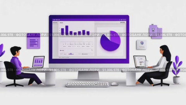 A bright office space where two individuals work on laptops and desktops, analyzing colorful charts and graphs on screens in a collaborative environment. Стоковое AI-видео, аниматор Данила Большаков / Фотобанк Лори