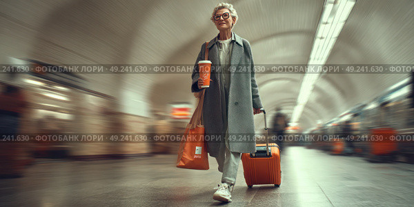 A bright, stylish commercial image a fashionable elderly woman (55-60) hurries through a Moscow metro station. Стоковое AI-изображение, AI-художник Ярославский Максим / Фотобанк Лори