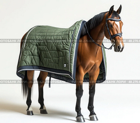 A brown horse is standing in front of a green blanket. Стоковое AI-изображение, AI-художник Ярославский Максим / Фотобанк Лори