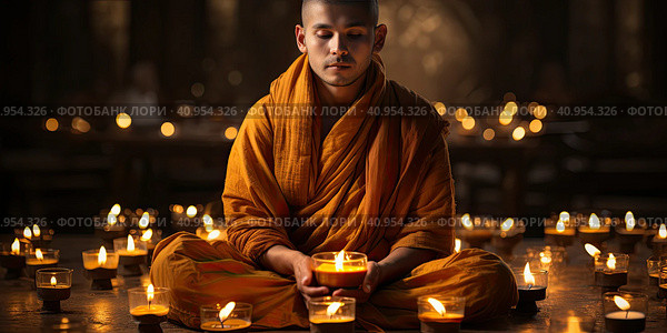 A Buddhist monk sits in a lotus position among many candles. Created by AI. Стоковое AI-изображение, AI-художник Ярославский Максим / Фотобанк Лори