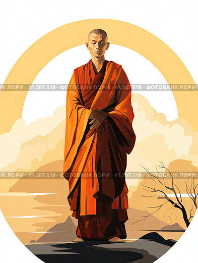 A Buddhist monk stands and meditates. Created by AI. Стоковое AI-изображение, AI-художник Ярославский Максим / Фотобанк Лори