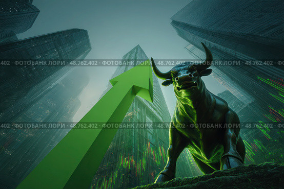 A bull is standing in front of a green arrow pointing upwards. Стоковое AI-изображение, AI-художник Ярославский Максим / Фотобанк Лори