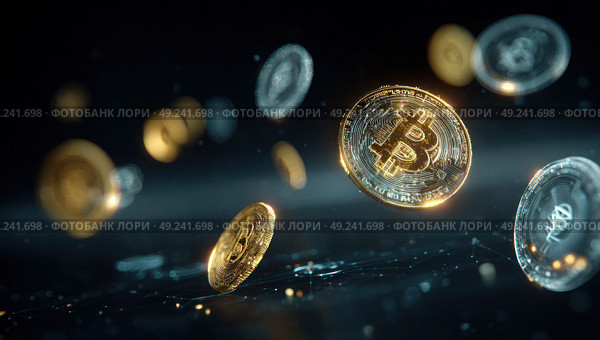 A bunch of gold and silver coins are floating in the air. Стоковое AI-изображение, AI-художник Ярославский Максим / Фотобанк Лори
