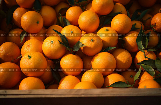 a bunch of oranges crammed in wooden boxes. Стоковое AI-изображение, AI-художник Юлия Гапеенко / Фотобанк Лори