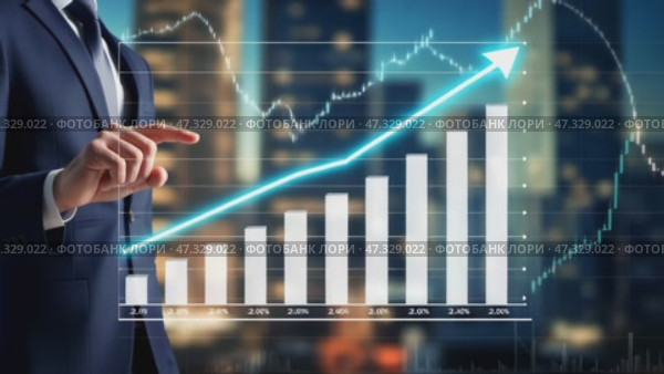 A business professional is signaling towards an upward-trending financial graph displayed on a screen, showcasing city lights in the background, suggesting economic growth and innovation. Стоковое AI-видео, аниматор Sergey Grishin / Фотобанк Лори