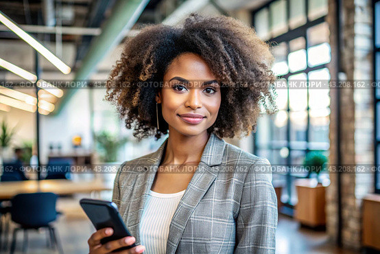 A businesslike dark-skinned African-American woman with curly hair. She is dressed in a casual jacket. In the hands of a smartphone. A businesswoman looks at her mobile phone. Стоковое AI-изображение, AI-художник Photojuli / Фотобанк Лори