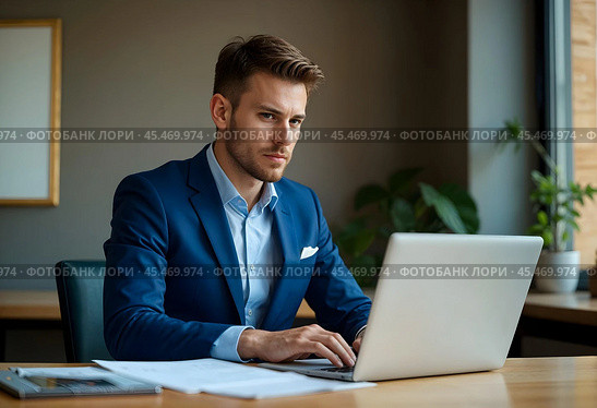 A businessman at his desk. Стоковое AI-изображение, AI-художник RamA / Фотобанк Лори