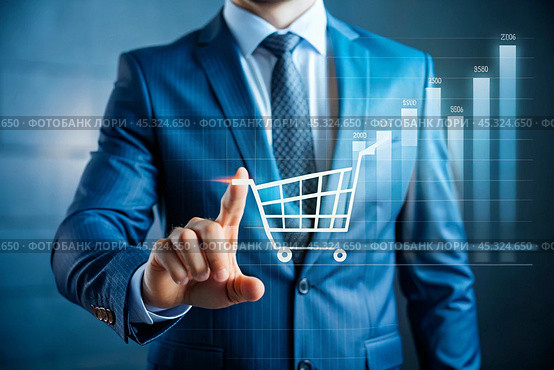 A businessman touches a virtual sales volume screen and shopping cart for a growing online sales business. A summary of the growth of online sales or the increase in the price of a grocery basket. Стоковое AI-изображение, AI-художник Photojuli / Фотобанк Лори