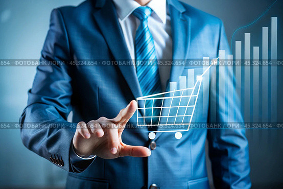 A businessman touches a virtual sales volume screen and shopping cart for a growing online sales business. A summary of the growth of online sales or the increase in the price of a grocery basket. Стоковое AI-изображение, AI-художник Photojuli / Фотобанк Лори