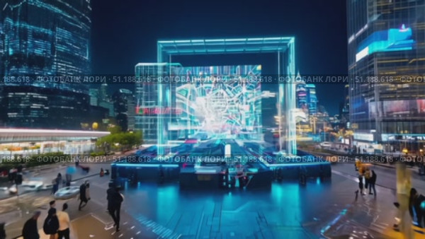 A bustling urban environment comes alive with colorful neon lights and swift moving transportation, showcasing modern architecture at night. Стоковое AI-видео, аниматор Данила Большаков / Фотобанк Лори