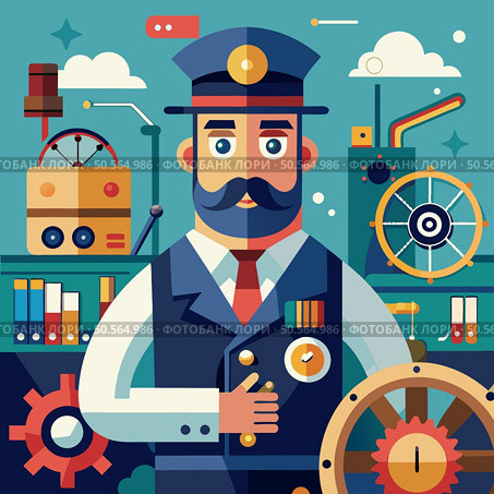 A captain in a navy uniform. with a red tie and a compass pin. stands in front of a ships wheel with a bold. flat design. Стоковая иллюстрация, агентство Ingram Publishing / Фотобанк Лори