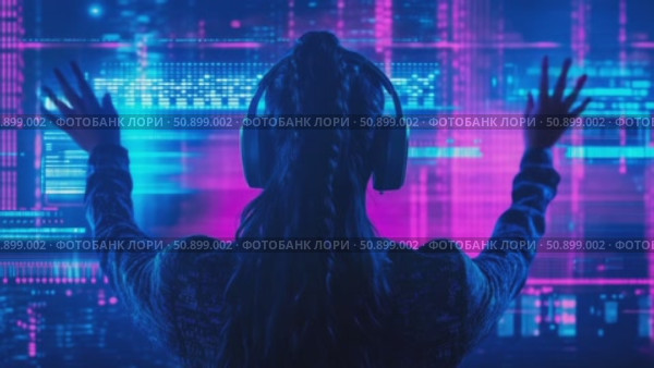 A captivating back view of an individual with headphones reaching out to an immersive cybernetic reality of glowing data streams. Стоковое AI-видео, аниматор Данила Большаков / Фотобанк Лори