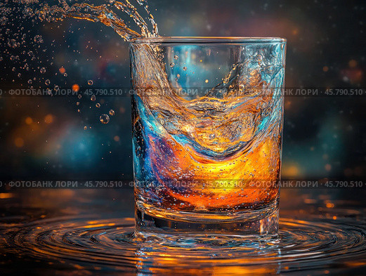 A captivating illustration: the universe enclosed in an elegant tall glass, in a minimalist style. Стоковое AI-изображение, AI-художник Ярославский Максим / Фотобанк Лори