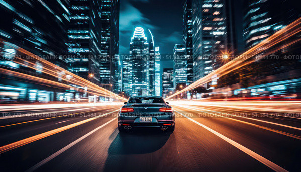 A car is driving down a city street at night. Стоковое фото, фотограф Ярославский Максим / Фотобанк Лори