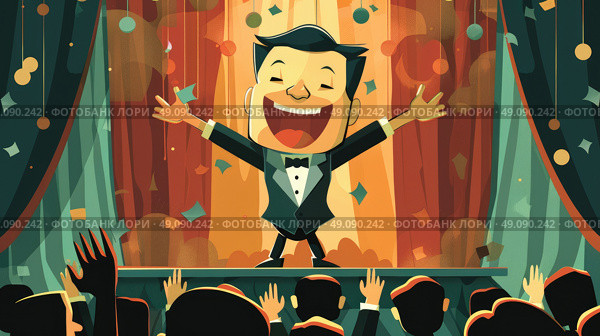 A cartoon man in a tuxedo stands on stage, arms raised, accepting applause from an audience. Стоковое AI-изображение, AI-художник Данила Большаков / Фотобанк Лори