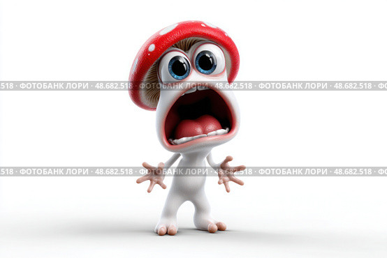 A cartoon mushroom with a red cap and white body is screaming. Стоковое AI-изображение, AI-художник Ярославский Максим / Фотобанк Лори