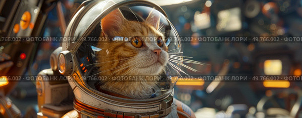 A cat in a space suit up close, showcasing the details of the suit and the felines curious expression.. Close Up of a Cat in a Space Suit. Стоковое фото, агентство Ingram Publishing / Фотобанк Лори