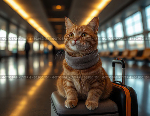 A cat is sitting on a suitcase in a dimly lit room. Стоковое AI-изображение, AI-художник Ярославский Максим / Фотобанк Лори