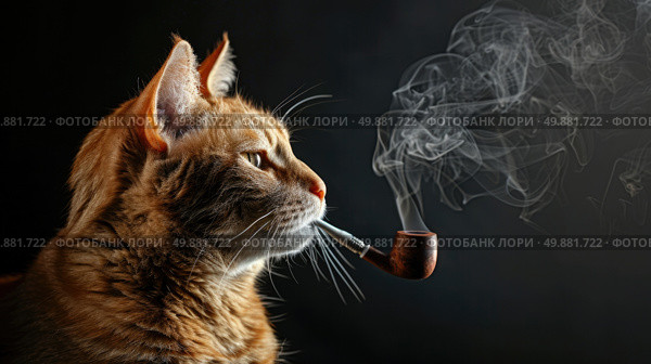 A cat with a pipe in its mouth exhaling smoke. Стоковое AI-изображение, AI-художник Данила Большаков / Фотобанк Лори