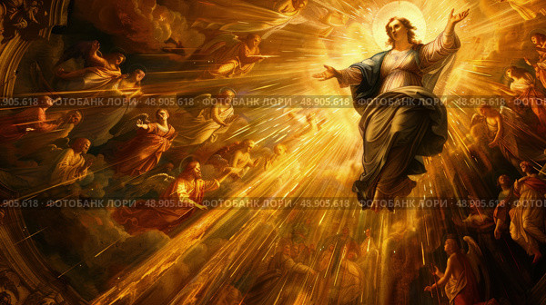 A central figure surrounded by a throng of angels, bathed in radiant light. Стоковое AI-изображение, AI-художник Данила Большаков / Фотобанк Лори