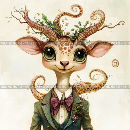A charming fantasy creature that resembles a mixture of a giraffe, an antelope and a mythical creature. It has large expressive eyes, a friendly smile, long ears and curved branched horns, decorated with green plants and flowers. The creature also has tails that resemble curls, which gives it an even more magical look. It is dressed in an elegant suit with a bow tie and a vest, and in the breast pocket of the jacket you can see a miniature flower bouquet. The background is light, minimalistic, which emphasizes the quirkiness and originality of the character. Стоковое AI-изображение, AI-художник Анна Кривицкая / Фотобанк Лори
