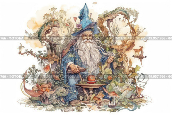 A charming fantasy-style watercolor illustration of a kindly old wizard in a blue robe and pointed hat. He sits surrounded by fairy-tale creatures, birds, foliage, magic potions and artifacts. His long white beard flows down to his knees, and in his hands he holds a magic staff and a wooden spoon. Behind him is a fairy-tale forest filled with details: mushrooms, trees, animals and mysterious buildings. The illustration is rich in detail and evokes associations with magic, nature, fairy tales and children's fantasy. Стоковое AI-изображение, AI-художник Анна Кривицкая / Фотобанк Лори