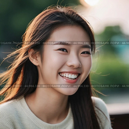 A cheerful Chinese girl stands outdoors, showcasing her radiant smile against a backdrop of lush trees and a lively park atmosphere, capturing the warmth of a sunny day. Mongoloid Asian face type. AI. Стоковое AI-изображение, AI-художник Юлия Петровская / Фотобанк Лори