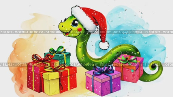 A cheerful green serpent, adorned with a Santa hat, sits amidst colorful wrapped gifts, embodying the spirit of the holidays. Стоковое AI-видео, аниматор Данила Большаков / Фотобанк Лори