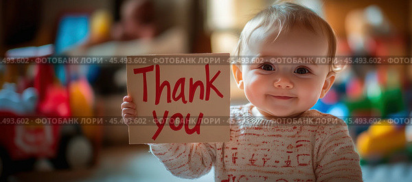 A cheerful one-year-old baby, sitting on a bed, smiles brightly as they hold a cardboard sign with the words "Thank you" written on it. Стоковое AI-изображение, AI-художник Ярославский Максим / Фотобанк Лори