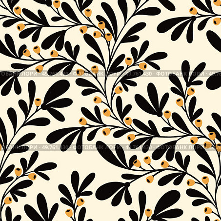 A cheerful pattern featuring black branches with yellow berries against a cream background.. Trailing Black Berry Branch. Стоковое фото, агентство Ingram Publishing / Фотобанк Лори