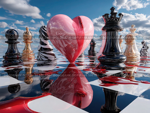 A chess board with a heart in the middle and a black and white zebra. Стоковое AI-изображение, AI-художник Ярославский Максим / Фотобанк Лори