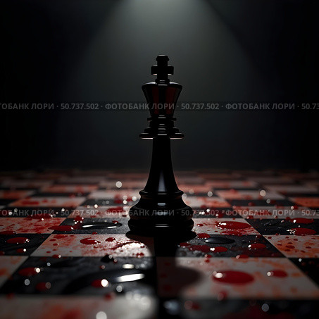 A chess piece on a chessboard with bloodstains. Стоковое AI-изображение, AI-художник RamA / Фотобанк Лори