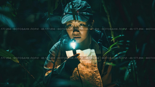 A child cautiously explores a dark jungle, holding a flashlight and studying a map. Стоковое AI-изображение, AI-художник Данила Большаков / Фотобанк Лори