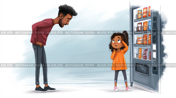 A child choosing a sugary snack at a vending machine, with a parent shaking their head in disapproval. Стоковое AI-изображение, AI-художник ALLA YURTAYEVA / Фотобанк Лори