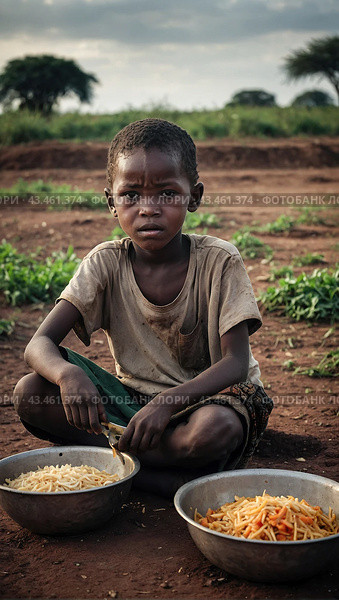 A child eating with two bowls of food in front of them, symbolizing the critical need for food aid and support in impoverished areas. Стоковое AI-изображение, AI-художник Tatiana Syrtseva / Фотобанк Лори