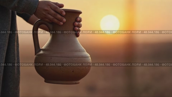A child's small hands holding a clay water jug, symbolizing the thirst of Imam Hussain's family, under the fading light of sun. Стоковое AI-видео, аниматор Sergey Grishin / Фотобанк Лори