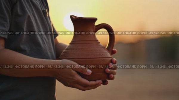 A child's small hands holding a clay water jug, symbolizing the thirst of Imam Hussain family, under the fading light of sunset. Стоковое AI-видео, аниматор Sergey Grishin / Фотобанк Лори