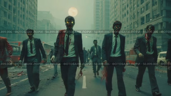 A chilling procession of suit-clad undead beings with luminous eyes advancing through a desolate urban street under a pallid moon. Стоковое AI-видео, аниматор Данила Большаков / Фотобанк Лори