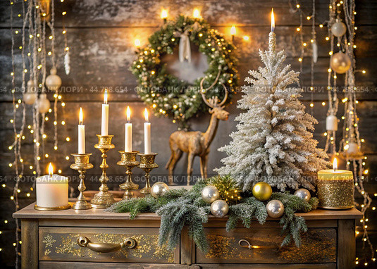 A Christmas tree, a golden deer and candles in candlesticks on a vintage chest of drawers. Christmas gold and crystal decorations in the interior. Preparation for the New Year holidays 2025. Стоковое AI-изображение, AI-художник Photojuli / Фотобанк Лори