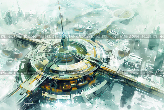 A circular, modern facility stands at the heart of a snow-blanketed futuristic city, surrounded by high-rise buildings and a network of roads. Стоковое AI-изображение, AI-художник Данила Большаков / Фотобанк Лори