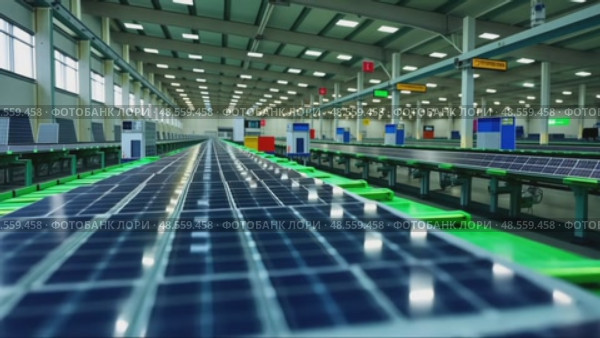 A clean energy factory, solar panels being assembled on a conveyor belt, with green lighting accents symbolizing sustainability. Стоковое AI-видео, аниматор Sergey Grishin / Фотобанк Лори