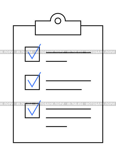 A clipboard with a checklist of three items, each marked with a blue checkmark. Ideal for productivity, task management, organization, project planning, and to-do lists. Simple minimalist style.. Organized Checklist on a Clipboard with Three Blue Checkmarks, Ready for Task Completion. Стоковая иллюстрация, агентство Ingram Publishing / Фотобанк Лори